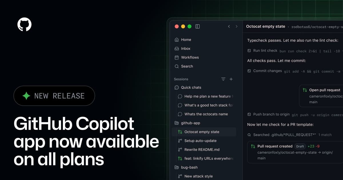 تصویر رسمی GitHub برای GitHub Copilot App؛ میزکار دسکتاپ برای چند نشست عامل‌محور