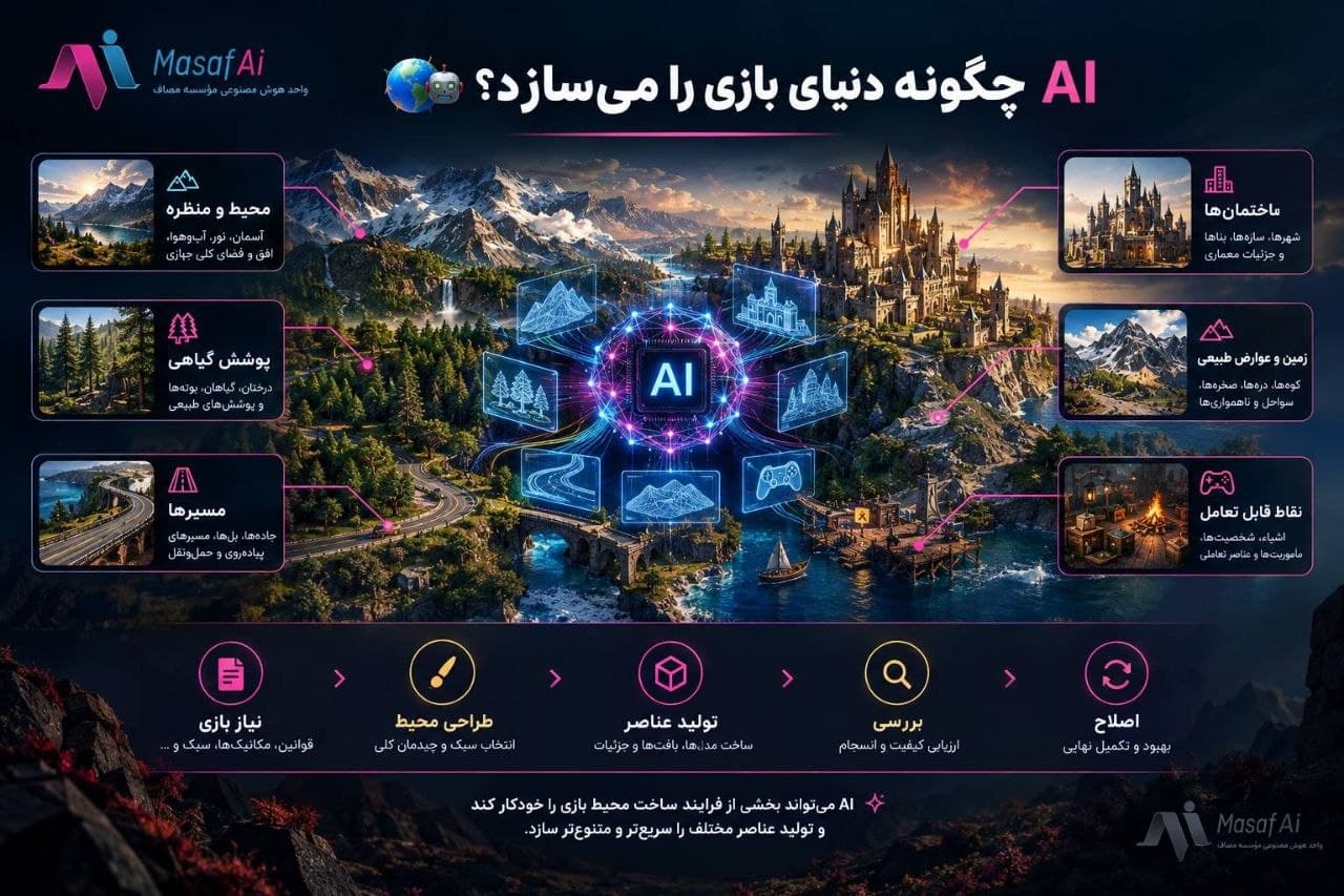 🎮 هوش مصنوعی در حال تغییر شیوه ساخت جهان‌های بازی است؛ از طراحی محیط و ساختمان‌ها تا مسیرها، پوشش گیاهی و نقاط تعاملی.