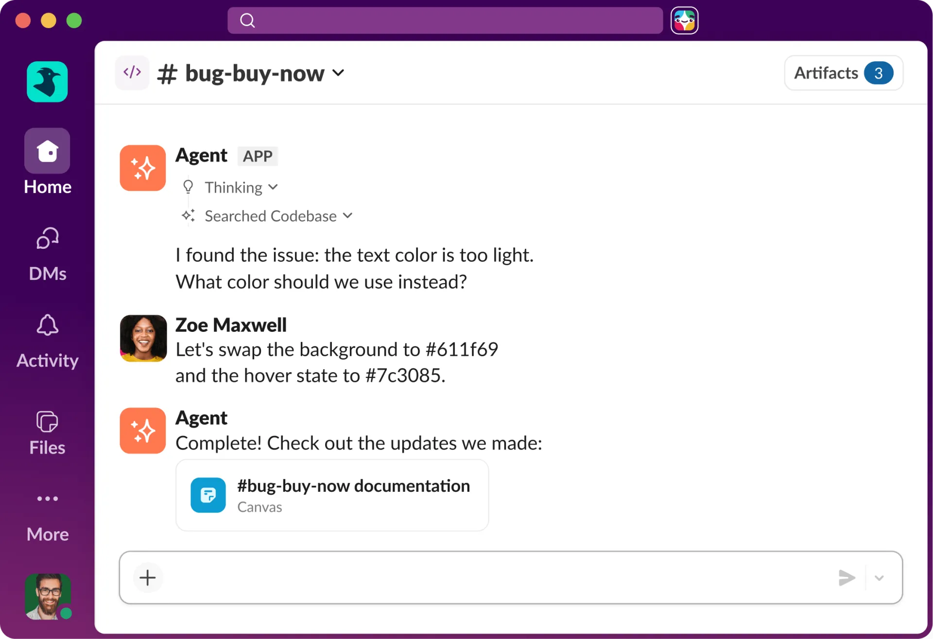 عامل کدنویسی در حال پاسخ داخل کانال Slack